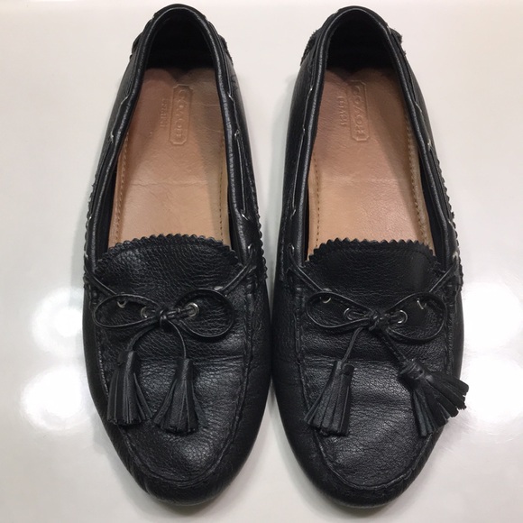 Coach Women’s Nadia Leather Black Bow Tassel Front Driving Loafers - Picture 1 of 12